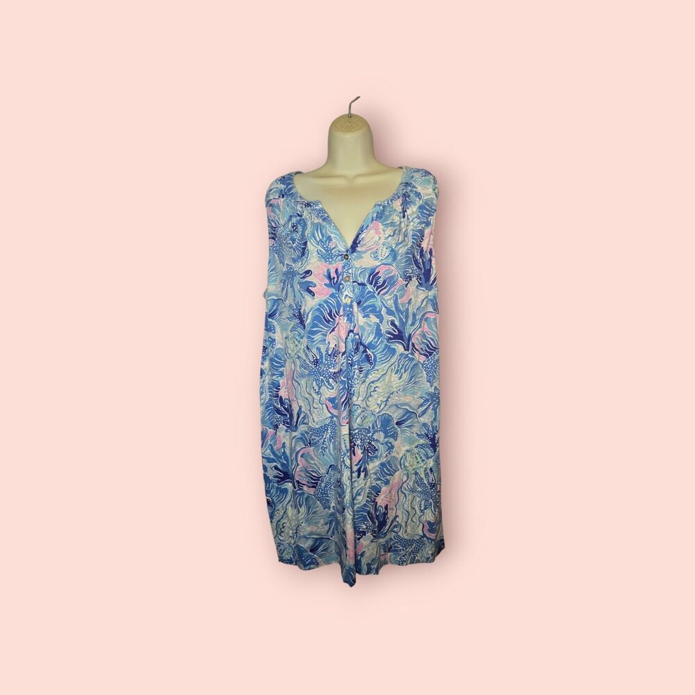 Lilly Pulitzer Essie Dress Saltwater Blue Shade Seekers Sleeveless Cotton XXL